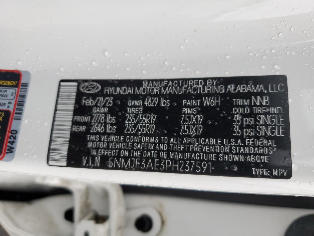 2023 Hyundai Tucson VIN 5NMJF3AE3PH237591 Copart auction photo, rear end damage thumbnail 13