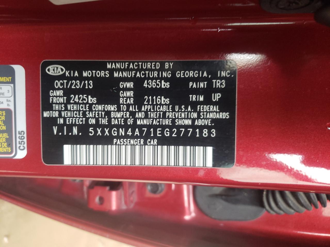 2014 KIA Optima VIN 5XXGN4A71EG277183 Copart auction photo, burn - engine / front end damage thumbnail 12
