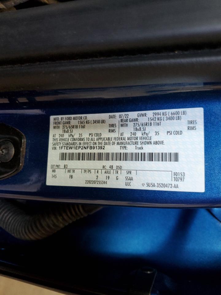 2022 Ford F-150 VIN 1FTEW1EP2NFB91392 Copart auction photo, front end / rear end damage thumbnail 14