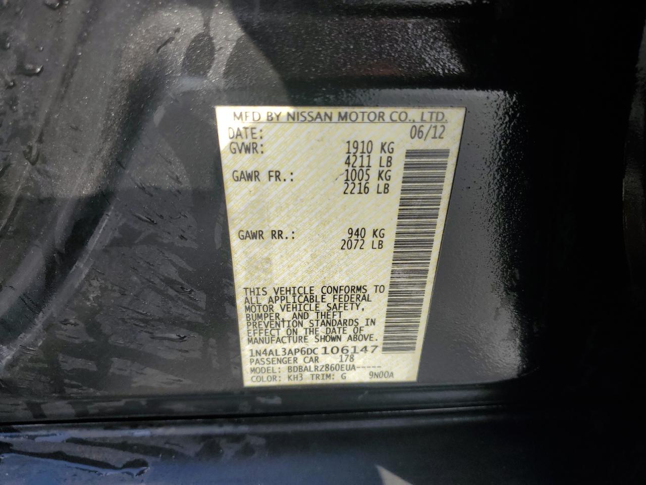 2013 Nissan Altima VIN 1N4AL3AP6DC106147 Copart auction photo, front end damage thumbnail 12