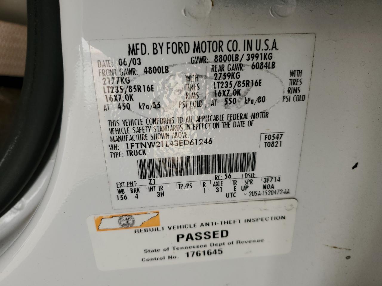 2003 Ford F250 VIN 1FTNW21L43ED61246 Copart auction photo, mechanical / side damage thumbnail 13
