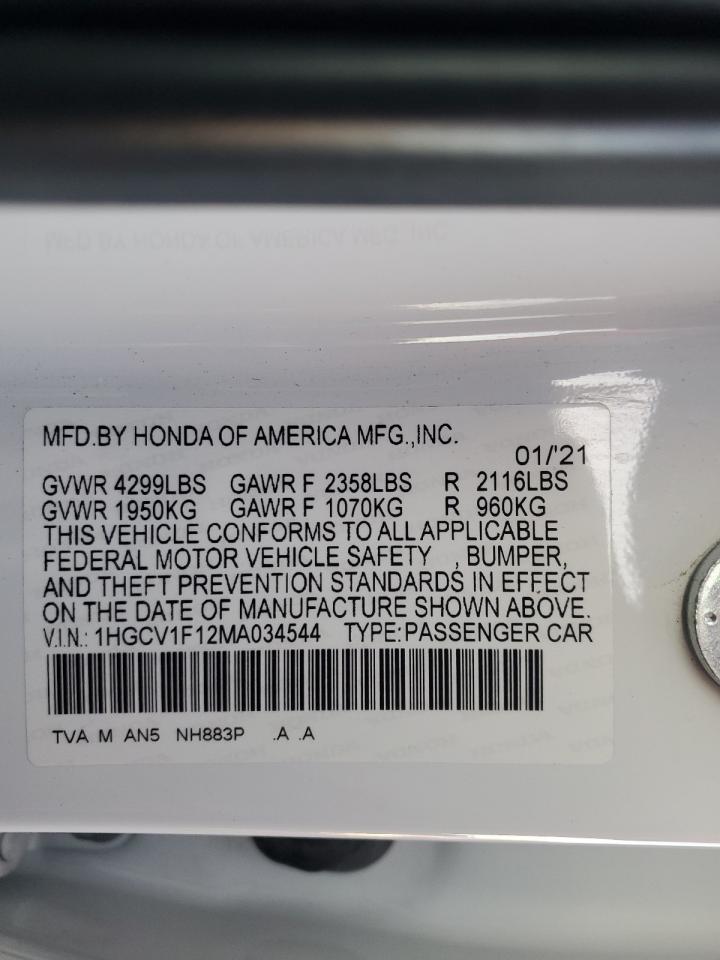 2021 Honda Accord VIN 1HGCV1F12MA034544 Copart auction photo, front end damage thumbnail 15