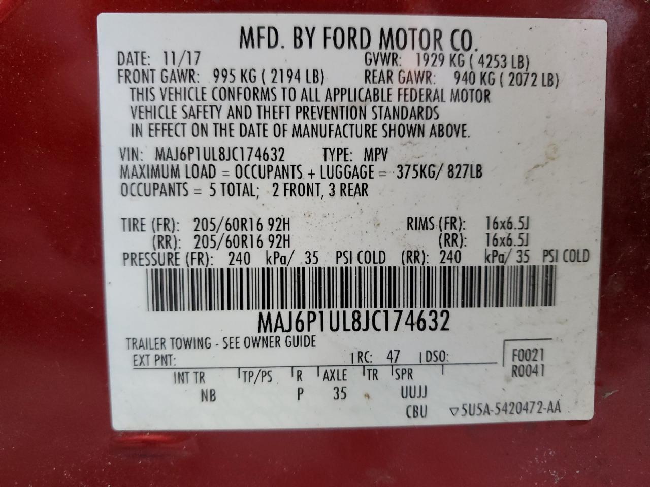 2018 Ford EcoSport VIN MAJ6P1UL8JC174632 Copart auction photo, front end damage thumbnail 14