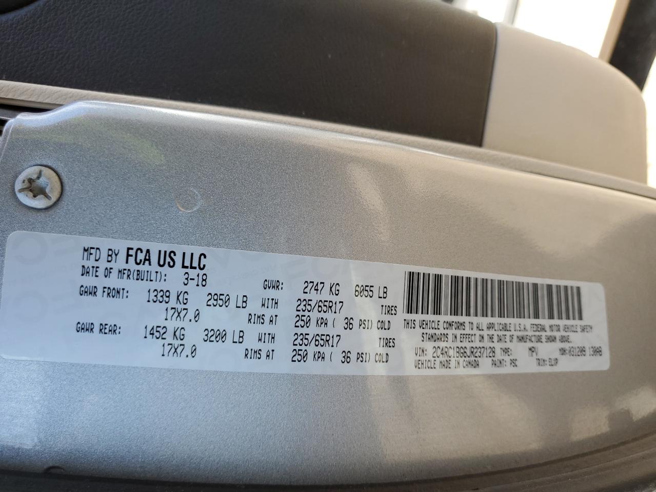 2018 Chrysler Pacifica VIN 2C4RC1BG6JR237128 Copart auction photo, front end / rear end damage thumbnail 16