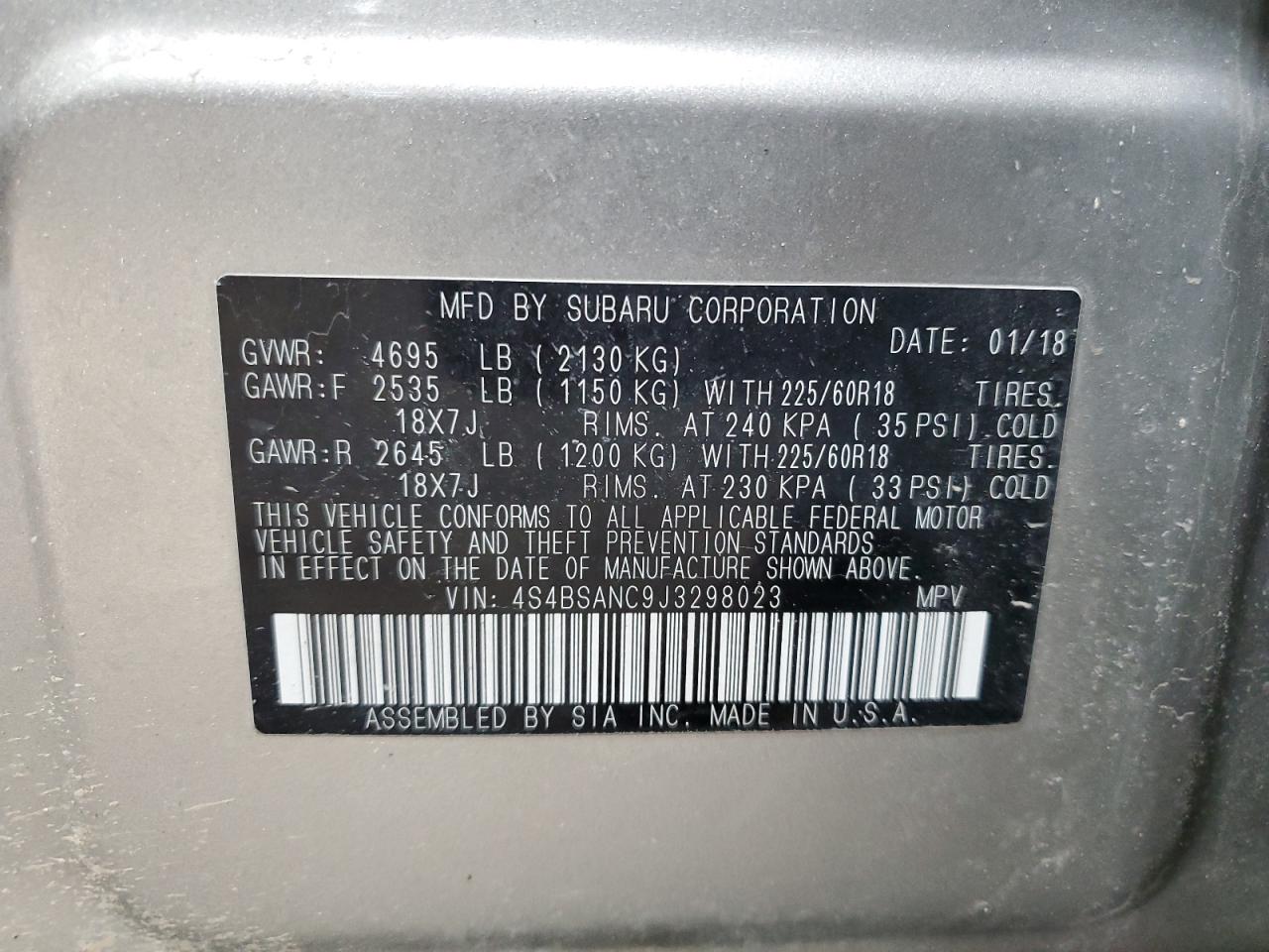 2018 Subaru Outback VIN 4S4BSANC9J3298023 Copart auction photo, rear end damage thumbnail 13