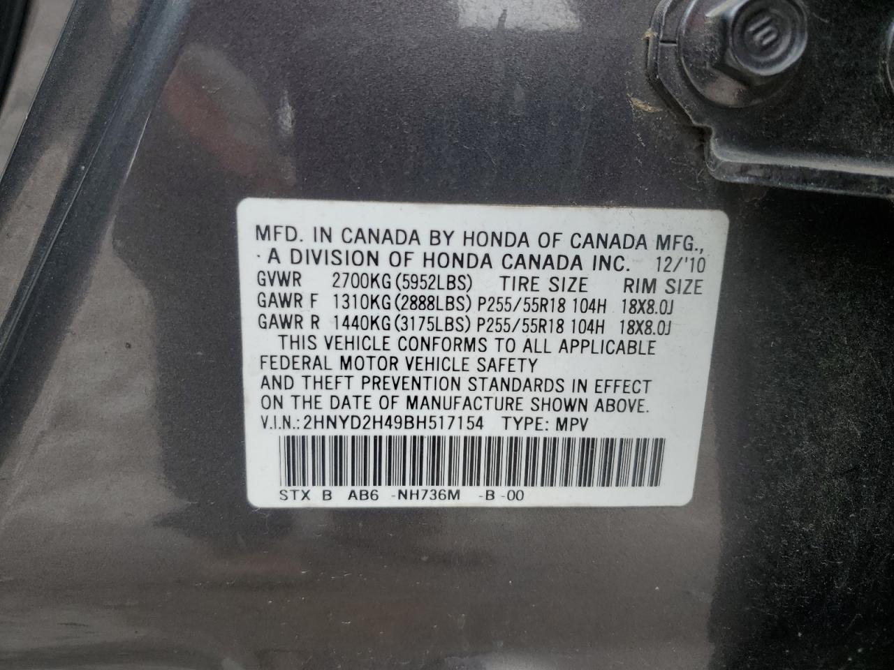 2011 Acura MDX VIN 2HNYD2H49BH517154 Copart auction photo, front end / side damage thumbnail 14