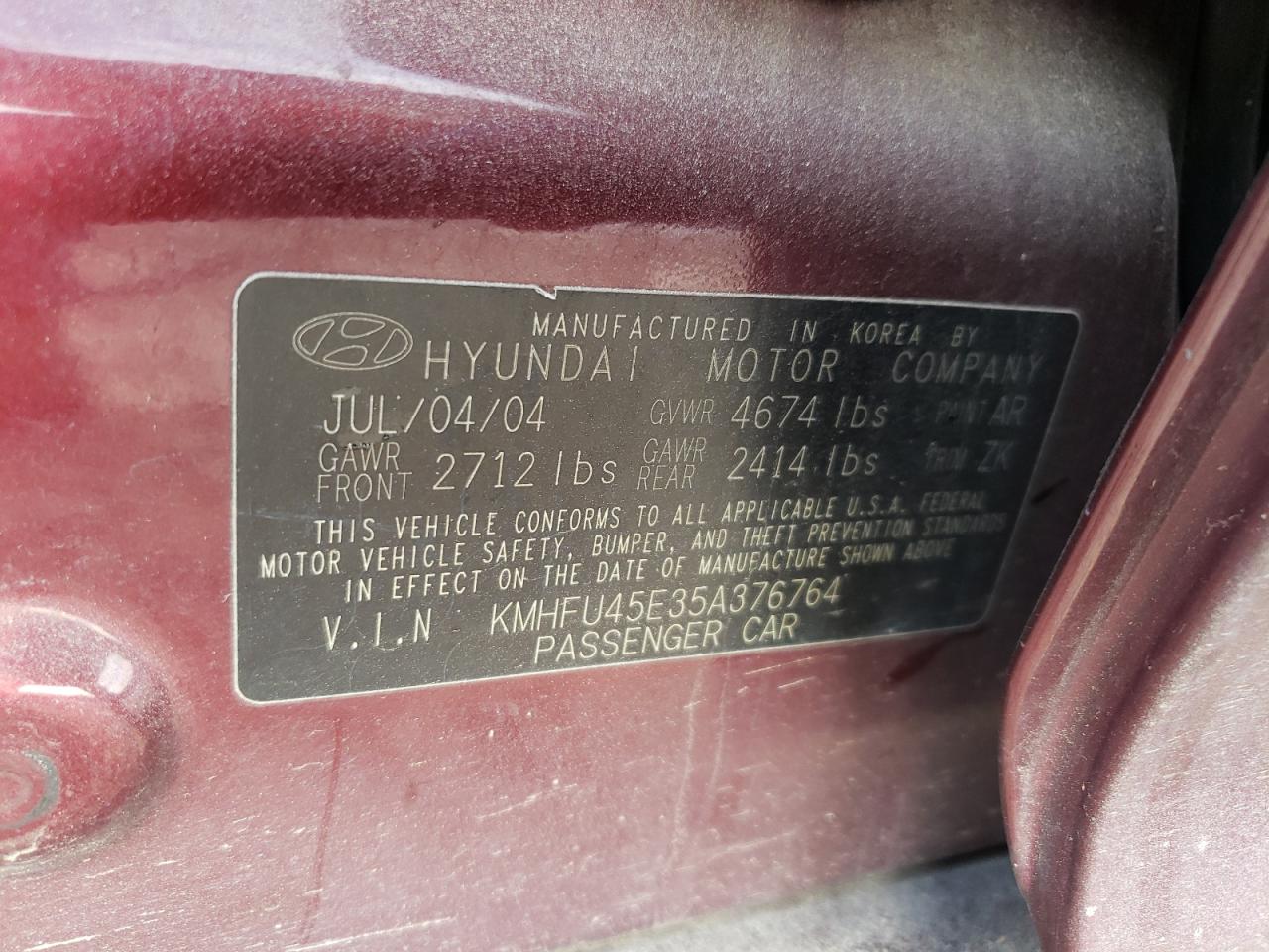 2005 Hyundai Grandeur VIN KMHFU45E35A376764 Copart auction photo, rear end / minor dent/scratches damage thumbnail 14