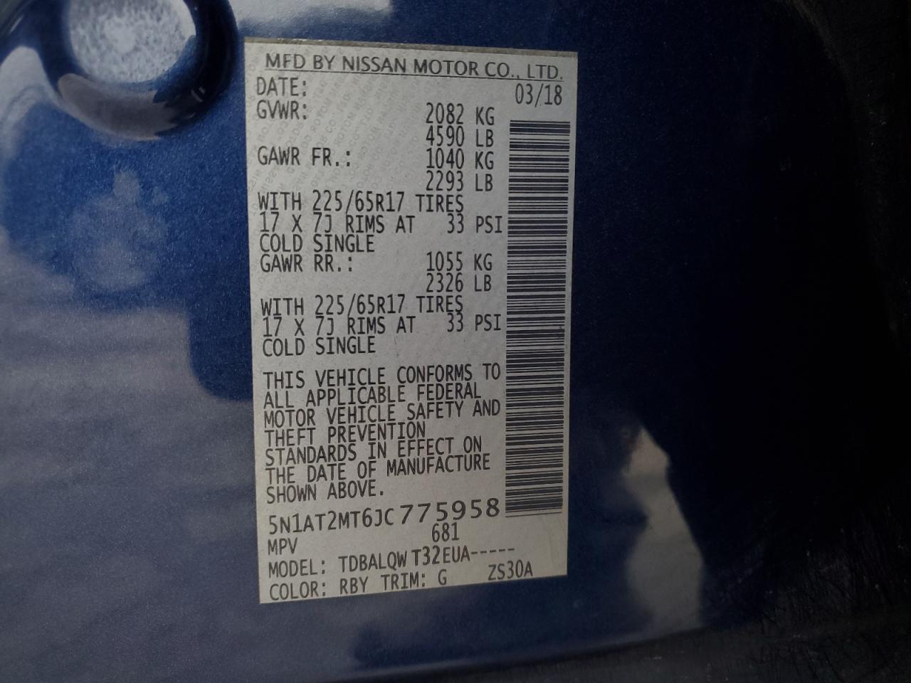 2018 Nissan Rogue VIN 5N1AT2MT6JC775958 Copart auction photo, front end / side damage thumbnail 14