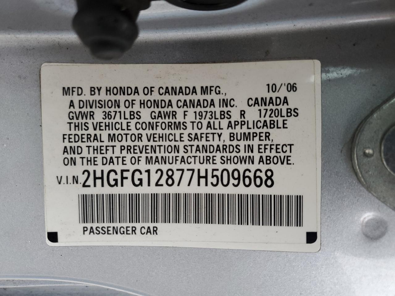 2007 Honda Civic VIN 2HGFG12877H509668 Copart auction photo, mechanical / hail damage thumbnail 23
