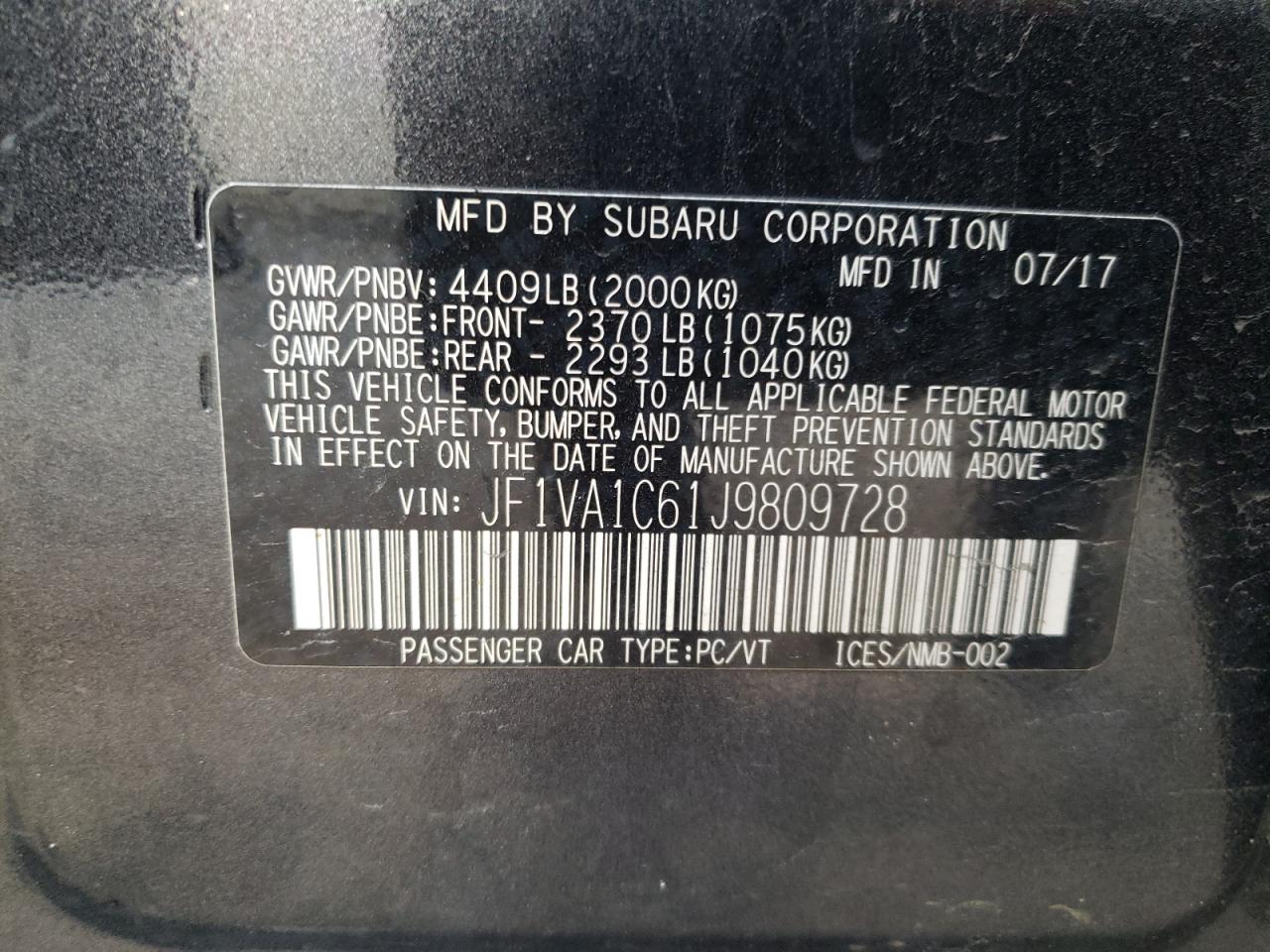 2018 Subaru WRX VIN JF1VA1C61J9809728 Copart auction photo, burn / all over damage thumbnail 13