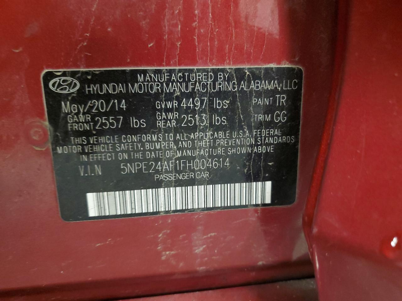 2015 Hyundai Sonata VIN 5NPE24AF1FH004614 Copart auction photo, rear end damage thumbnail 14