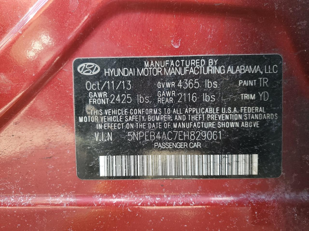 2014 Hyundai Sonata VIN 5NPEB4AC7EH829061 Copart auction photo, rear end damage thumbnail 12