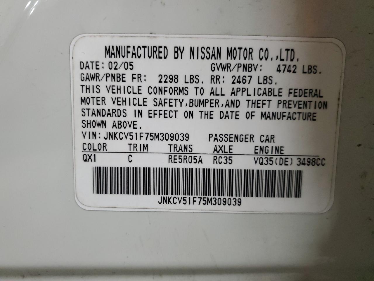 2005 Infiniti G VIN JNKCV51F75M309039 Copart auction photo, front end / side damage thumbnail 13
