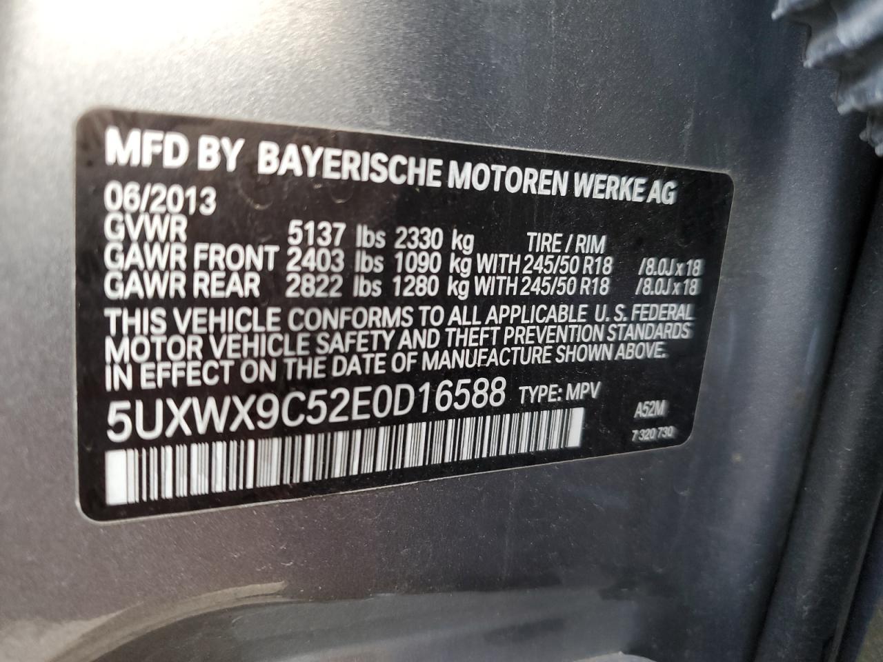 2014 BMW X3 VIN 5UXWX9C52E0D16588 Copart auction photo, front end damage thumbnail 14