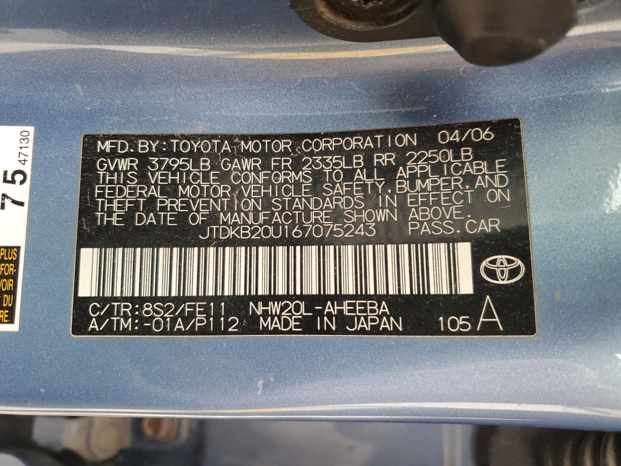 2006 Toyota Prius VIN JTDKB20U167075243 Copart auction photo, front end damage thumbnail 12
