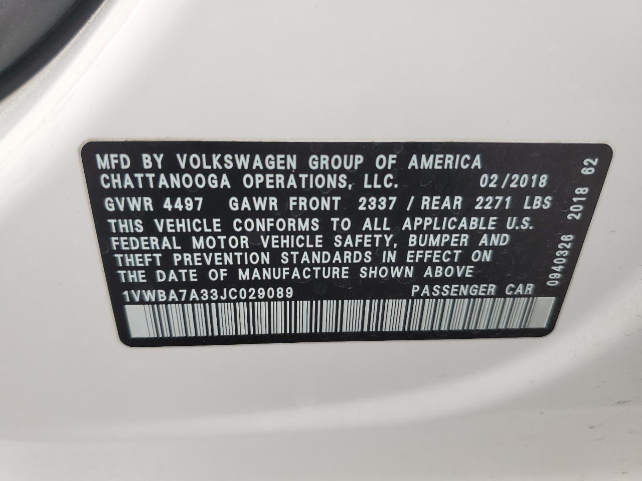 2018 Volkswagen Passat VIN 1VWBA7A33JC029089 Copart auction photo, front end damage thumbnail 13