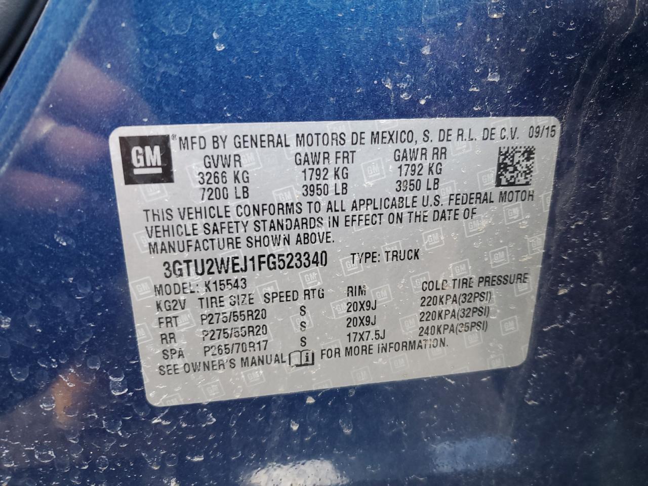 2015 GMC Sierra VIN 3GTU2WEJ1FG523340 Copart auction photo, rear end damage thumbnail 12