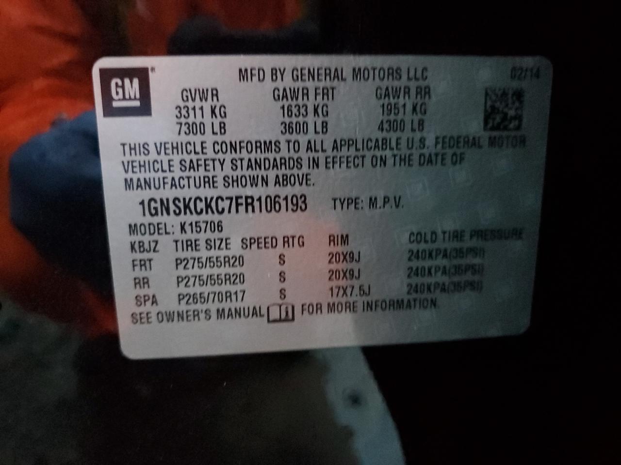 2015 Chevrolet Tahoe VIN 1GNSKCKC7FR106193 Copart auction photo, all over damage thumbnail 13
