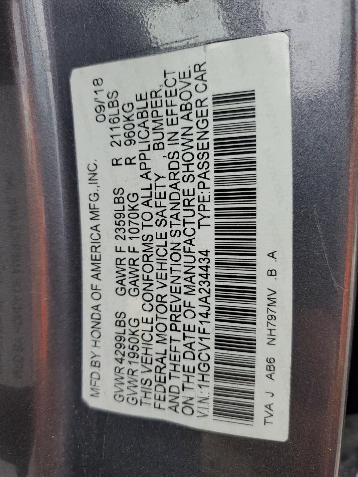 2018 Honda Accord VIN 1HGCV1F14JA234434 Copart auction photo, vandalism / side damage thumbnail 12
