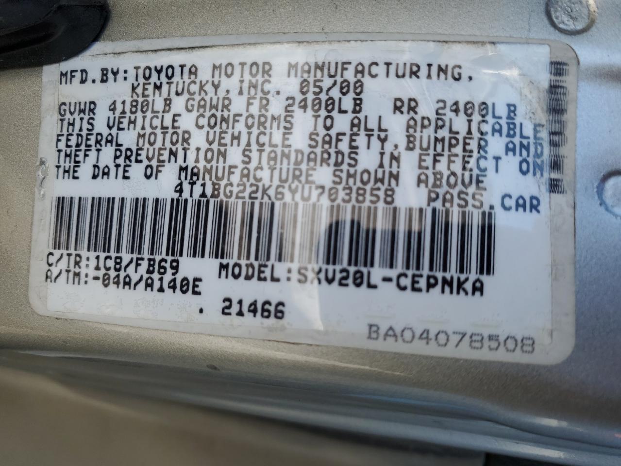 2000 Toyota Camry VIN 4T1BG22K6YU703858 Copart auction photo, front end / rear end damage thumbnail 13