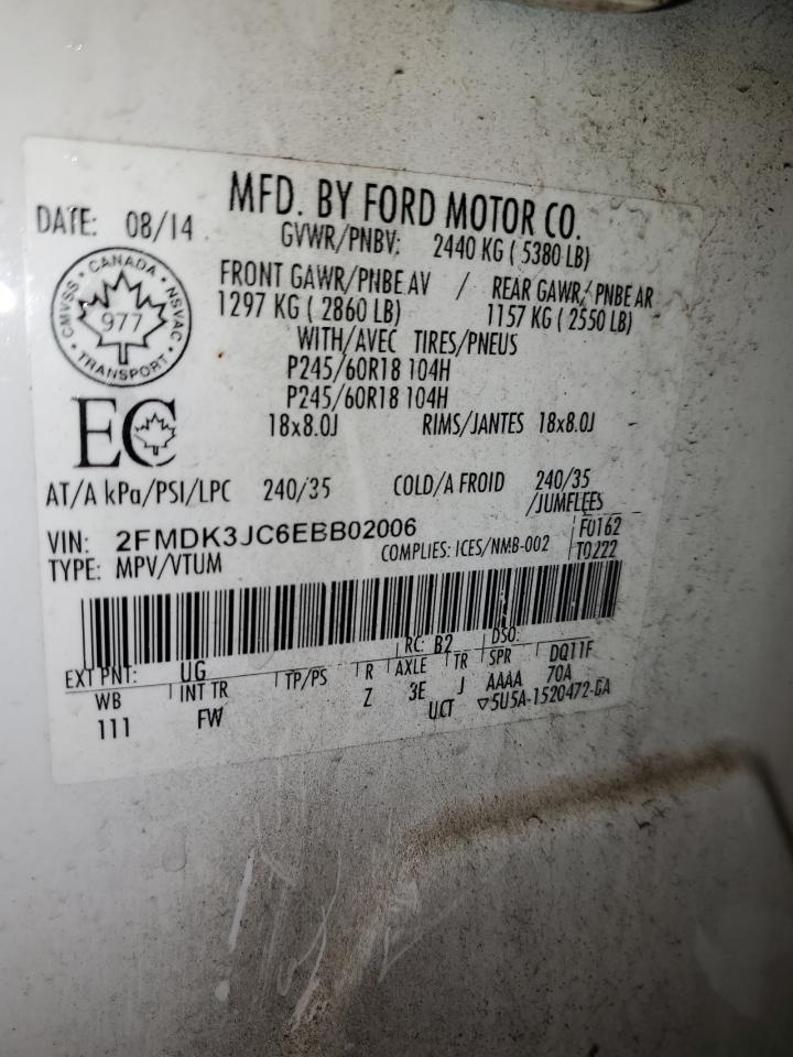 2014 Ford Edge VIN 2FMDK3JC6EBB02006 Copart auction photo, side / front end damage thumbnail 13
