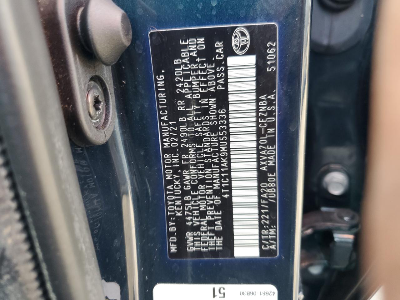2021 Toyota Camry VIN 4T1C11AK9MU553336 Copart auction photo, burn damage thumbnail 14