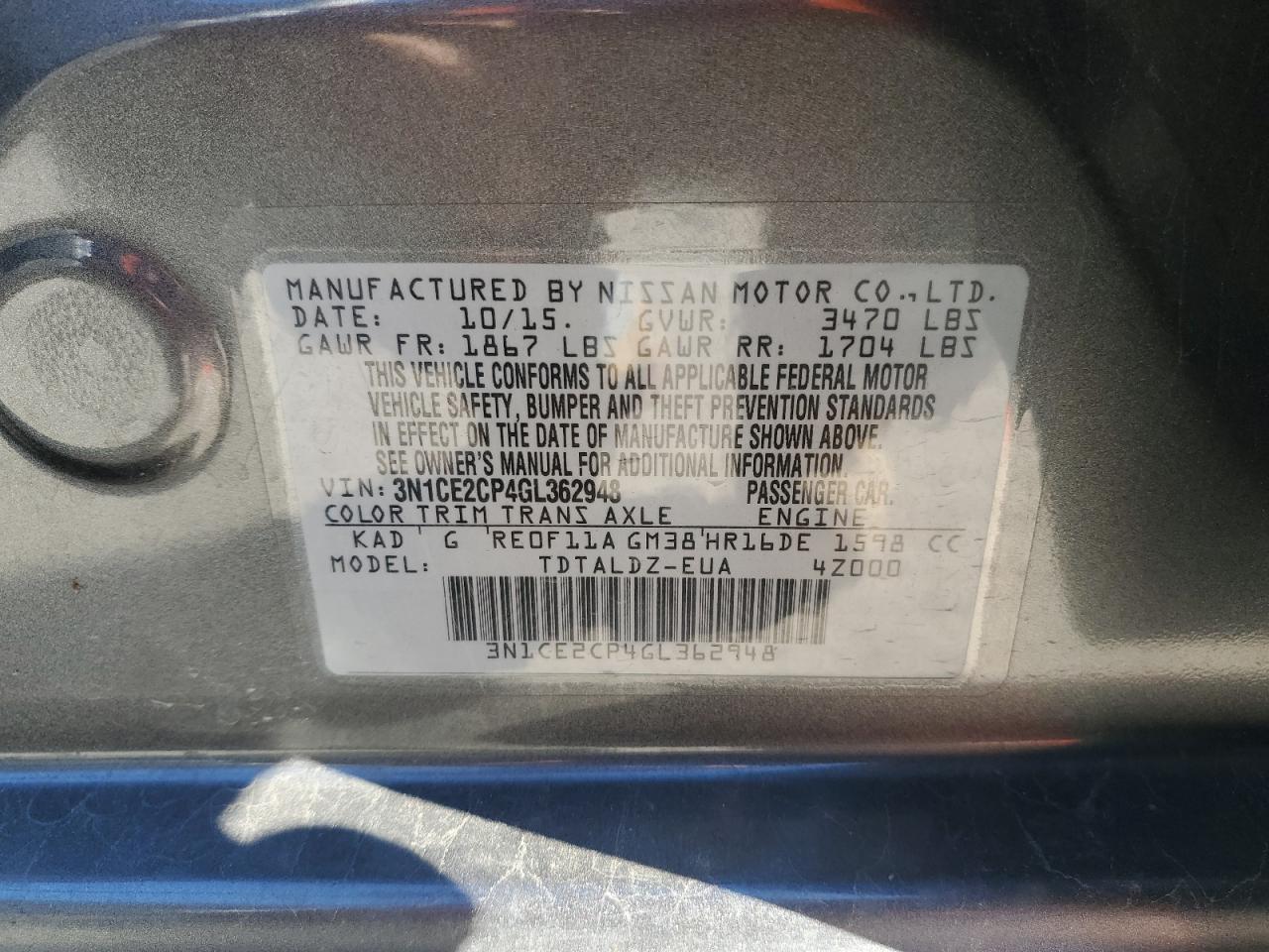 2016 Nissan Versa VIN 3N1CE2CP4GL362948 Copart auction photo, front end damage thumbnail 12