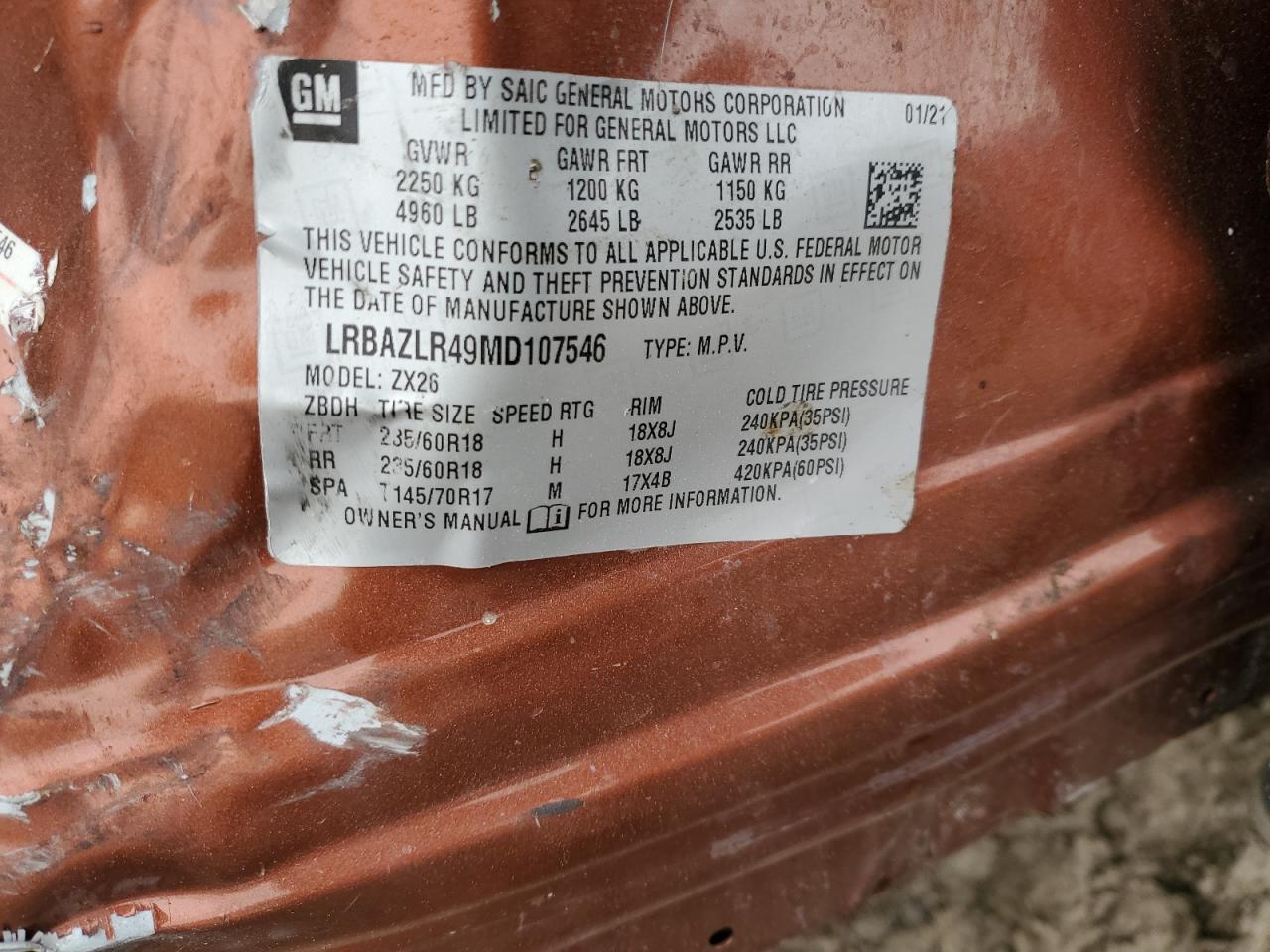 2021 Buick Envision VIN LRBAZLR49MD107546 Copart auction photo, front end / side damage thumbnail 13