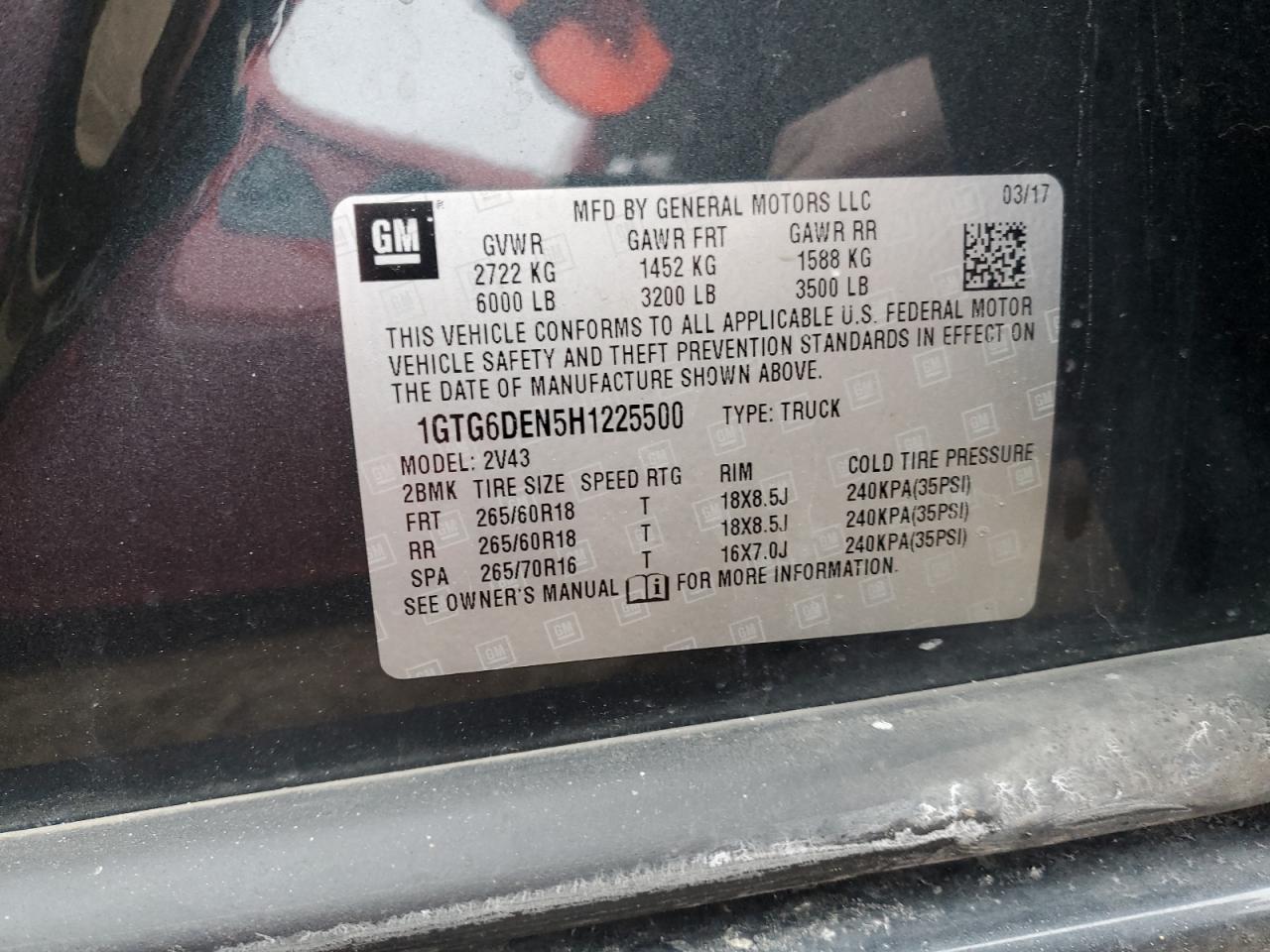 2017 GMC Canyon VIN 1GTG6DEN5H1225500 Copart auction photo, all over / minor dent/scratches damage thumbnail 12