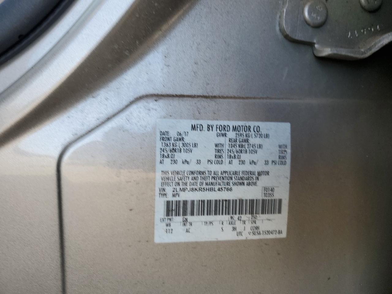 2017 Lincoln MKX VIN 2LMPJ8KR5HBL45766 Copart auction photo, front end damage thumbnail 14