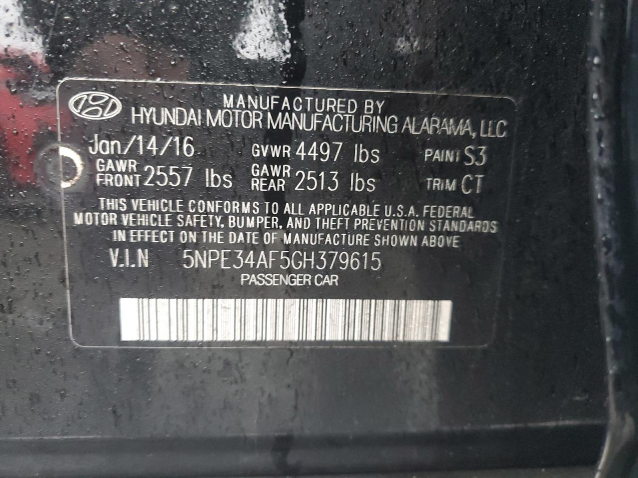 2016 Hyundai Sonata VIN 5NPE34AF5GH379615 Copart auction photo, rear end damage thumbnail 12