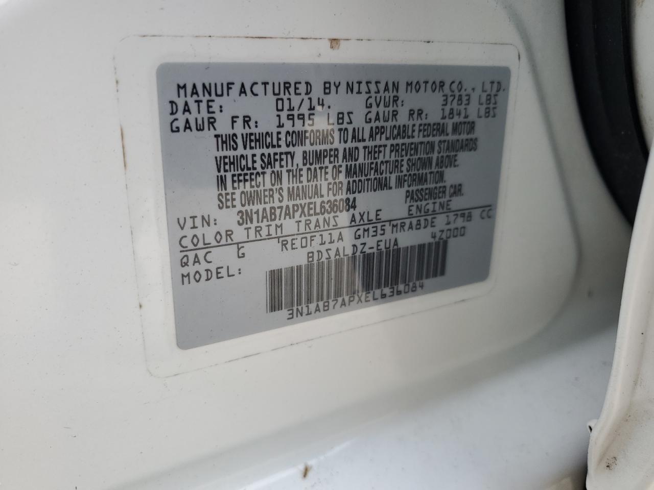 2014 Nissan Sentra VIN 3N1AB7APXEL636084 Copart auction photo, side / front end damage thumbnail 12