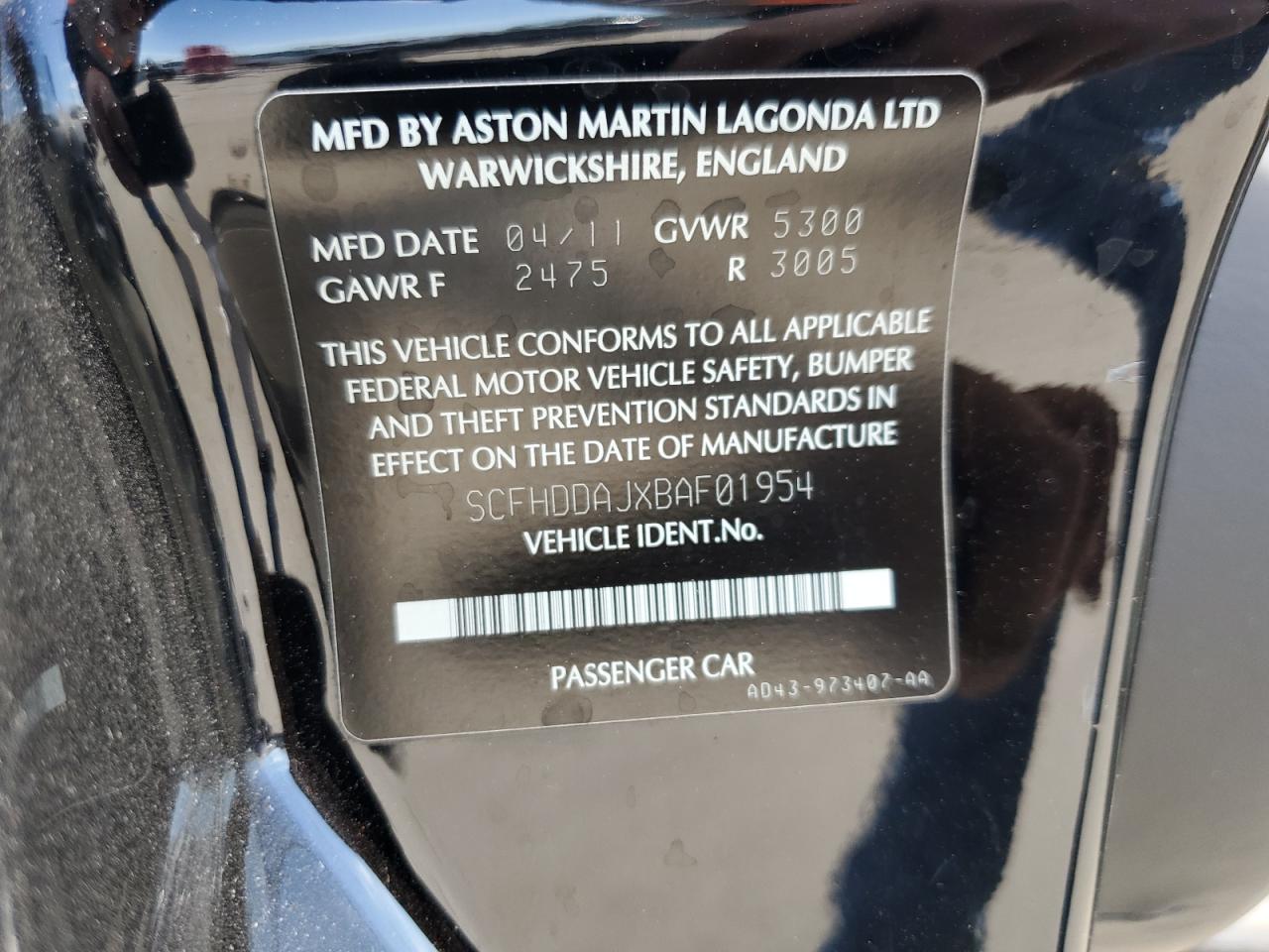 2011 Aston Martin Rapide VIN SCFHDDAJXBAF01954 Copart auction photo, front end / side damage thumbnail 12
