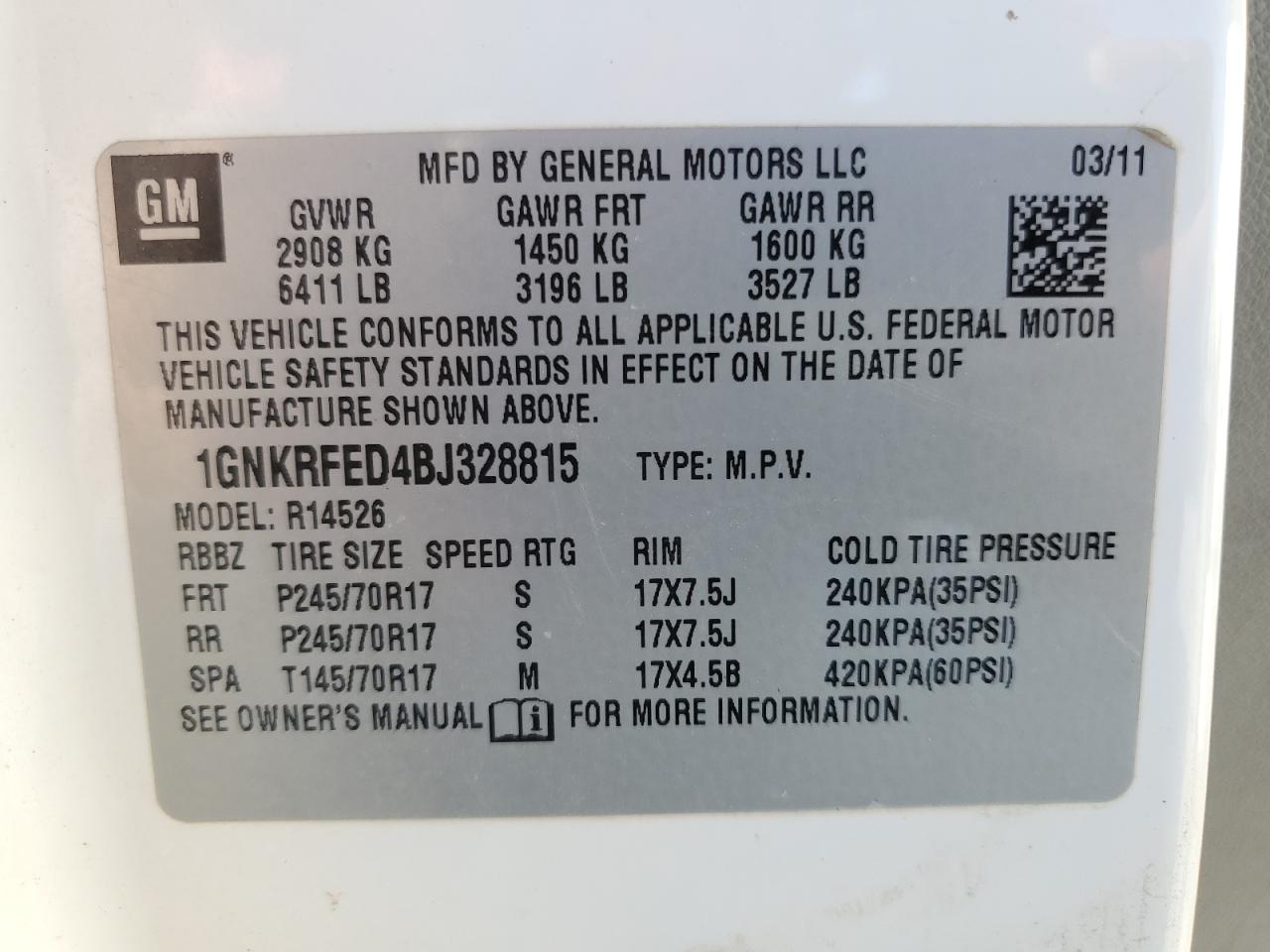 2011 Chevrolet Traverse VIN 1GNKRFED4BJ328815 Copart auction photo, rear end / minor dent/scratches damage thumbnail 13
