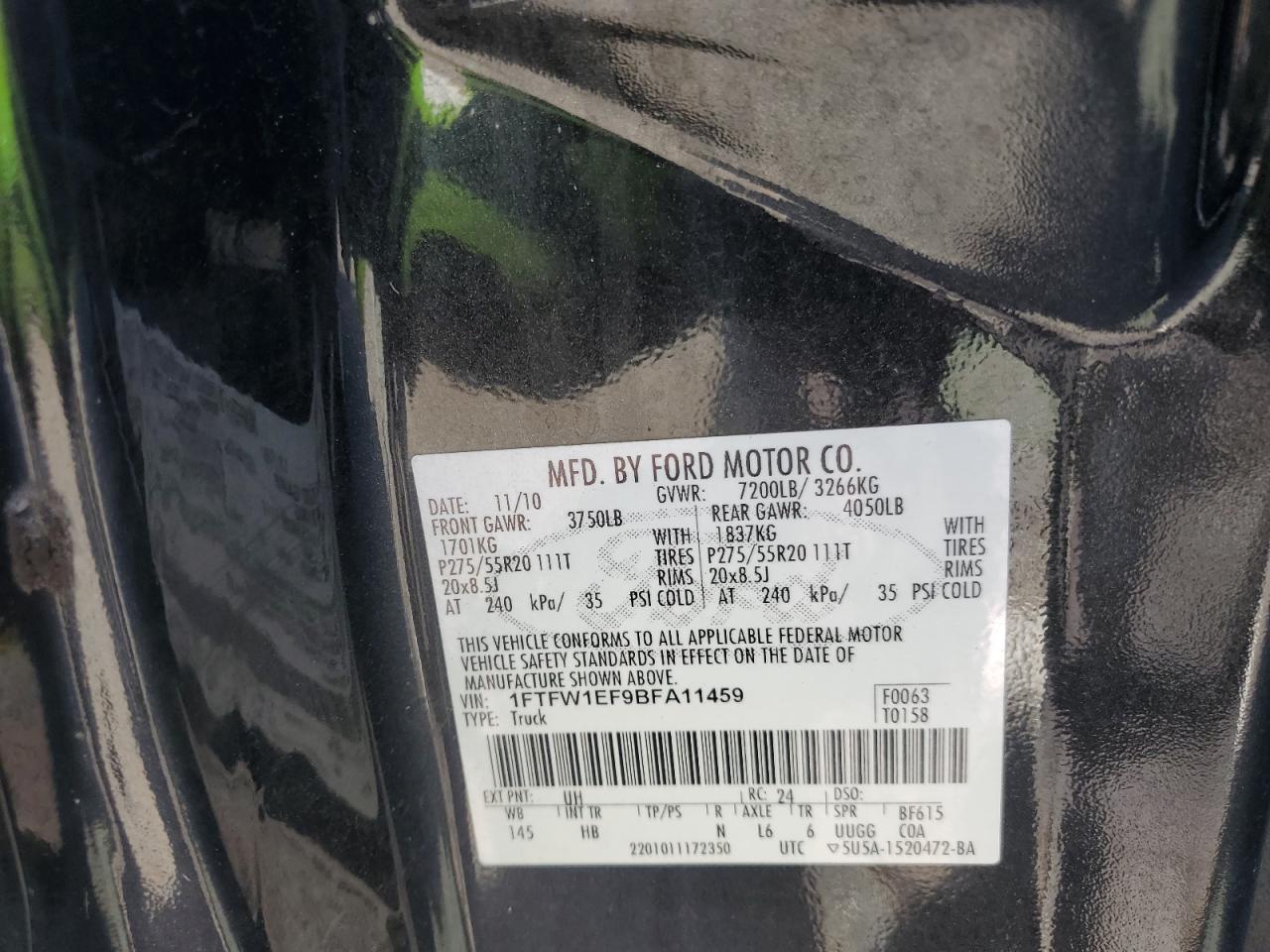 2011 Ford F-150 VIN 1FTFW1EF9BFA11459 Copart auction photo, water/flood / stripped damage thumbnail 13