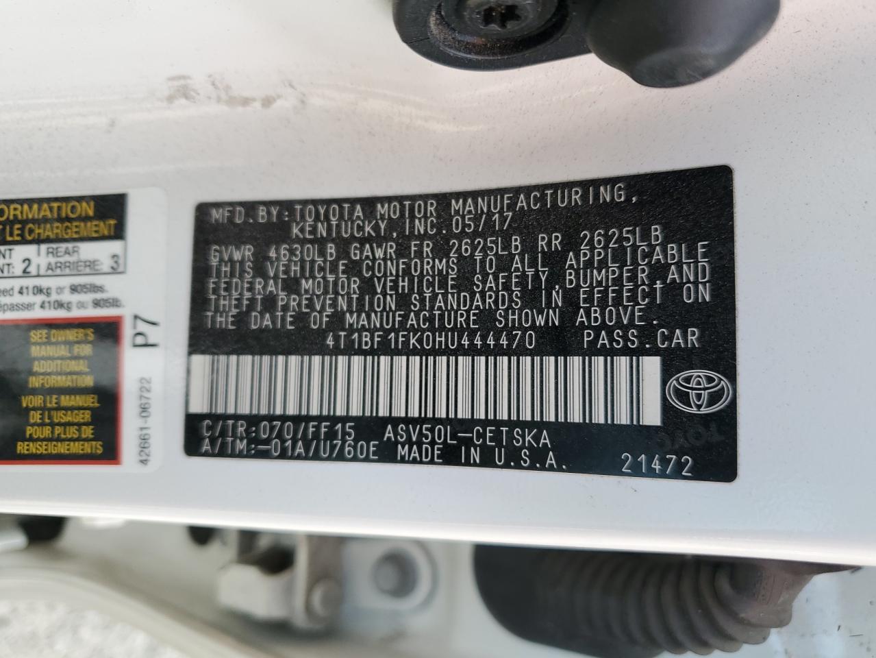 2017 Toyota Camry VIN 4T1BF1FK0HU444470 Copart auction photo, front end damage thumbnail 13