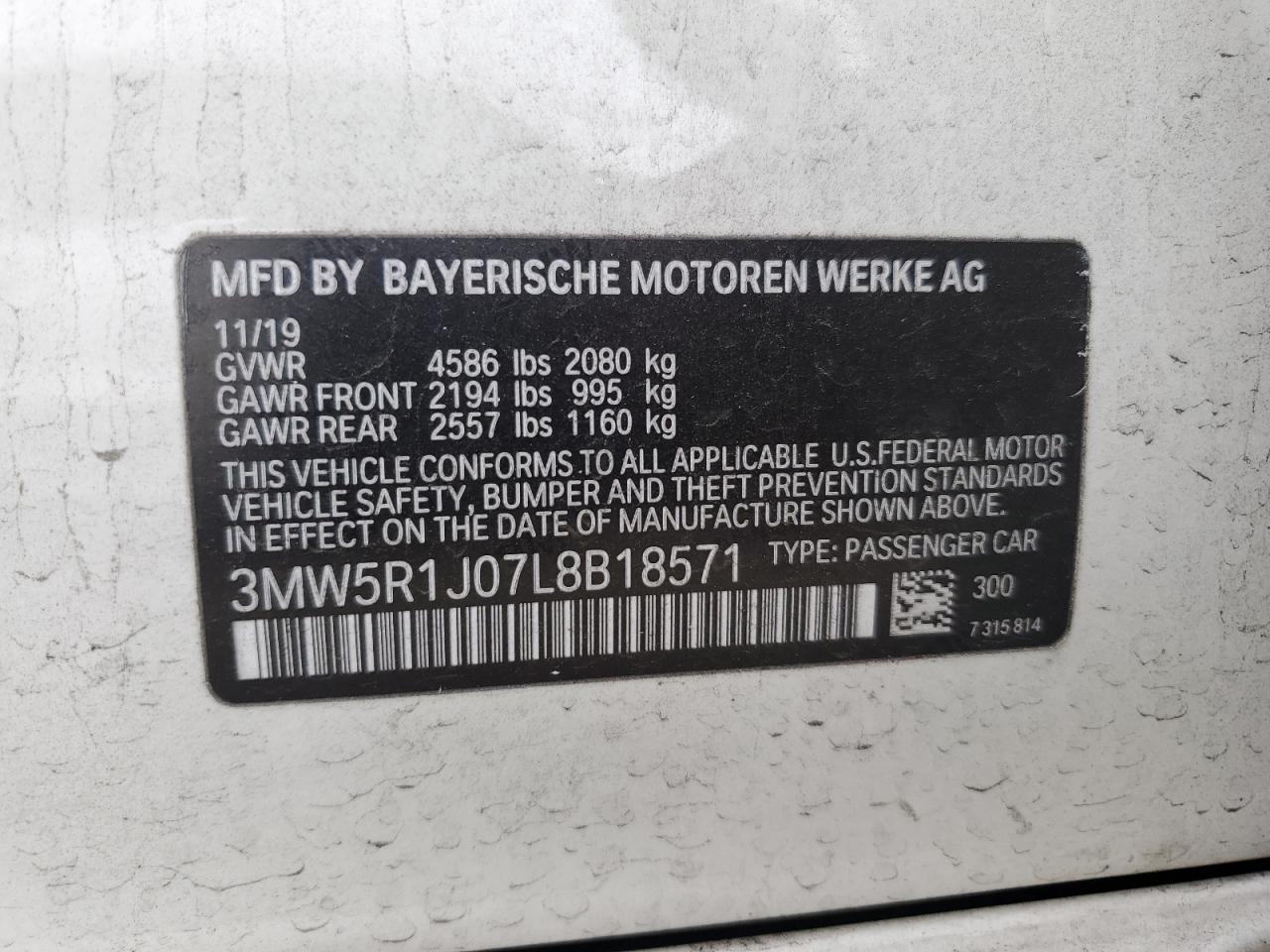 2020 BMW 3er VIN 3MW5R1J07L8B18571 Copart auction photo, rear end damage thumbnail 12