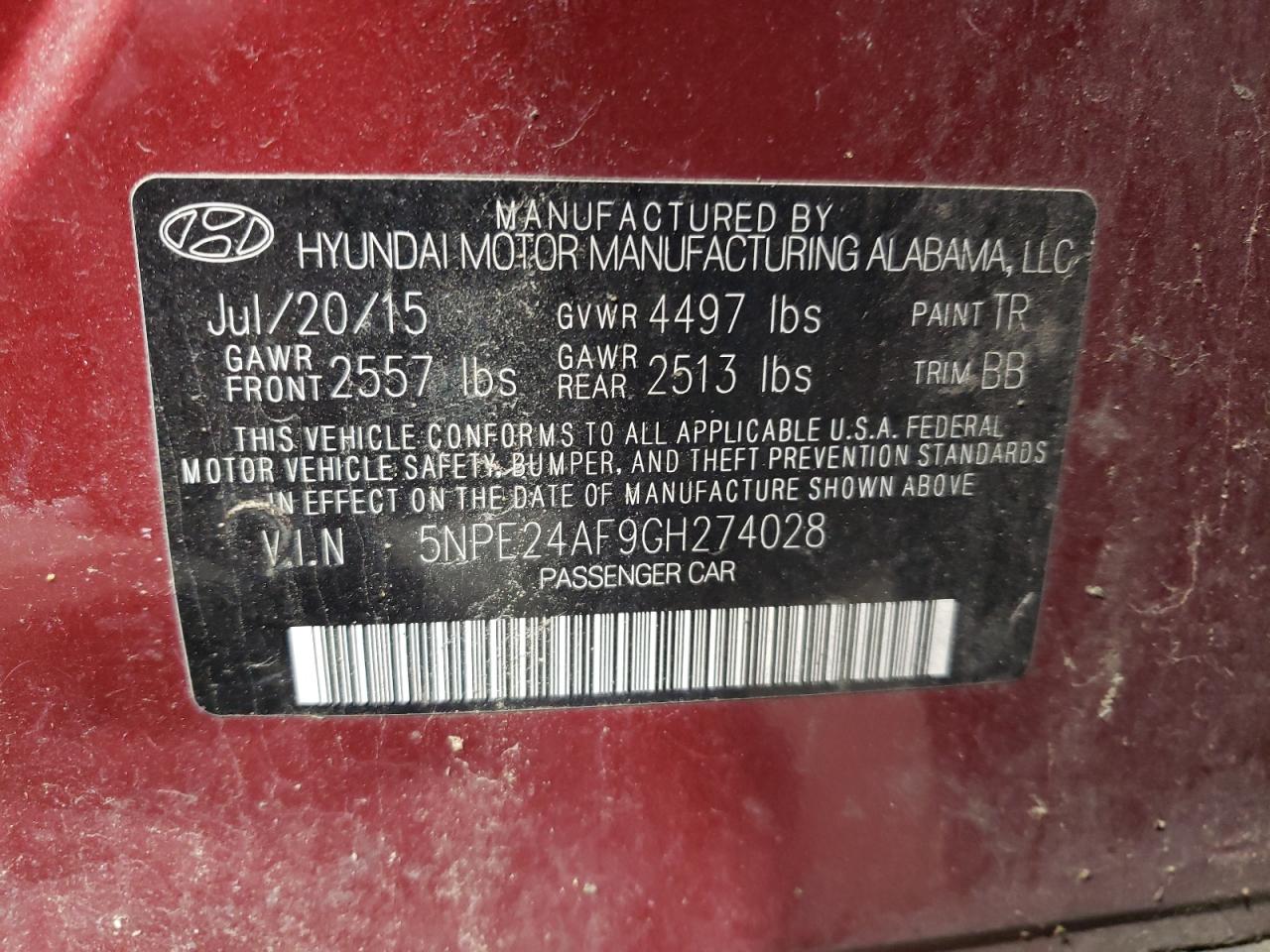 2016 Hyundai Sonata VIN 5NPE24AF9GH274028 Copart auction photo, mechanical / minor dent/scratches damage thumbnail 12