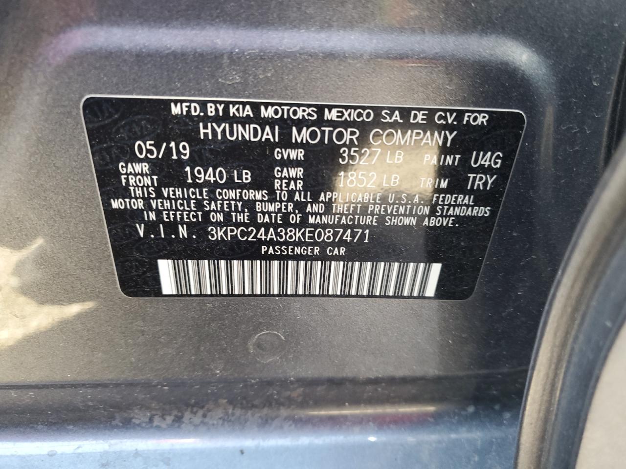 2019 Hyundai Accent VIN 3KPC24A38KE087471 Copart auction photo, burn / front end damage thumbnail 12