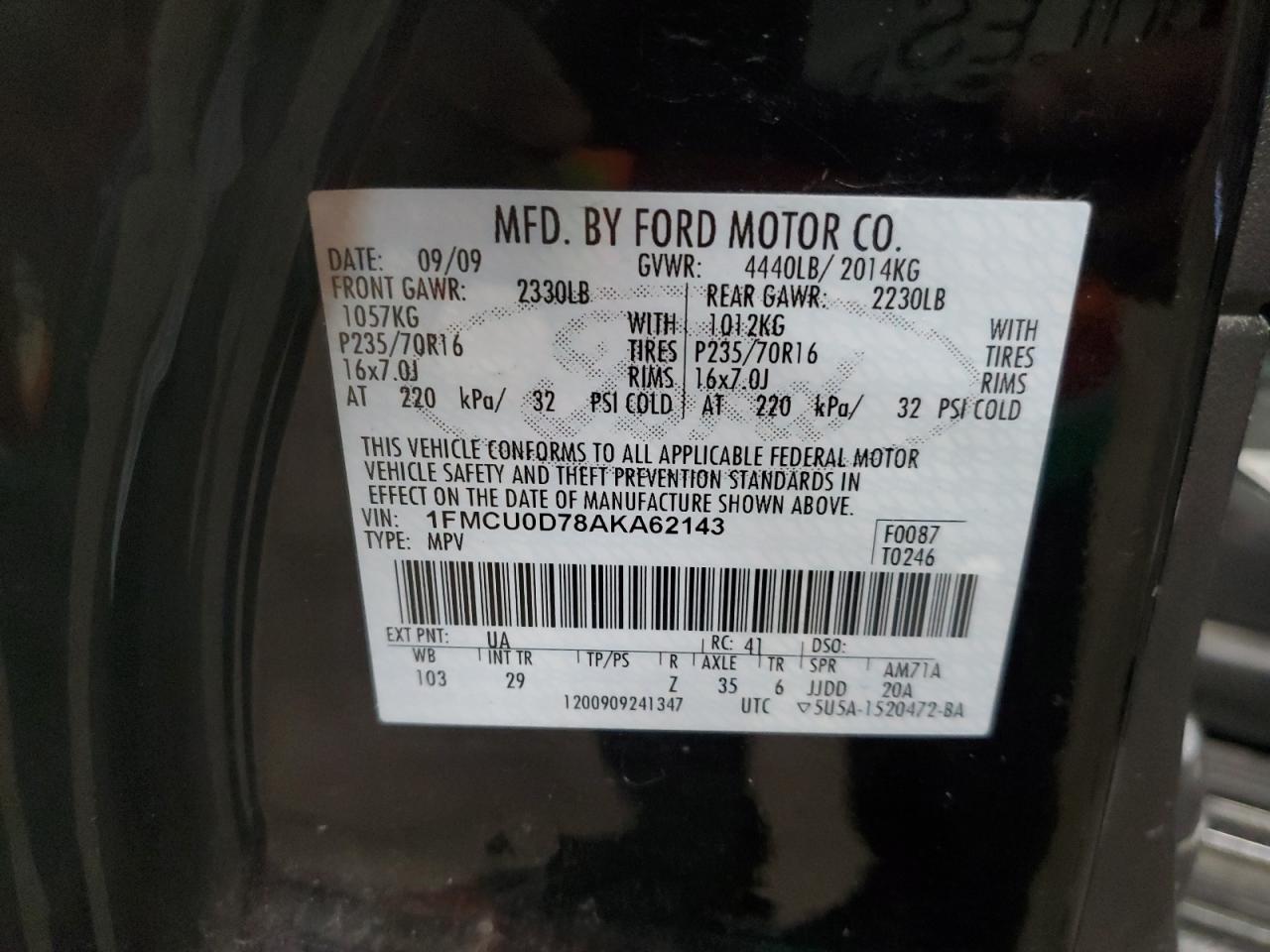 2010 Ford Escape VIN 1FMCU0D78AKA62143 Copart auction photo, front end / undercarriage damage thumbnail 16