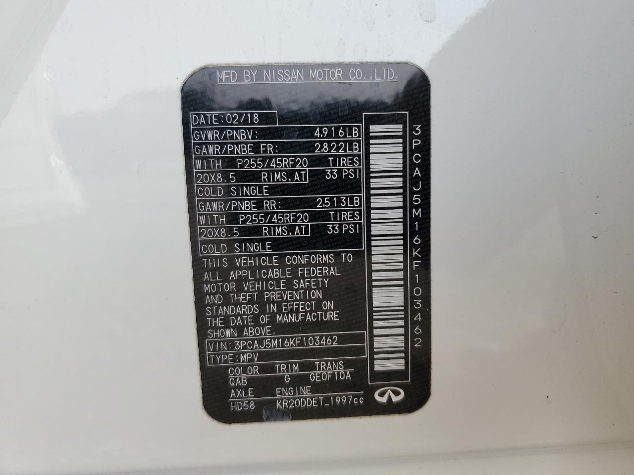 2019 Infiniti QX50 VIN 3PCAJ5M16KF103462 Copart auction photo, front end damage thumbnail 15