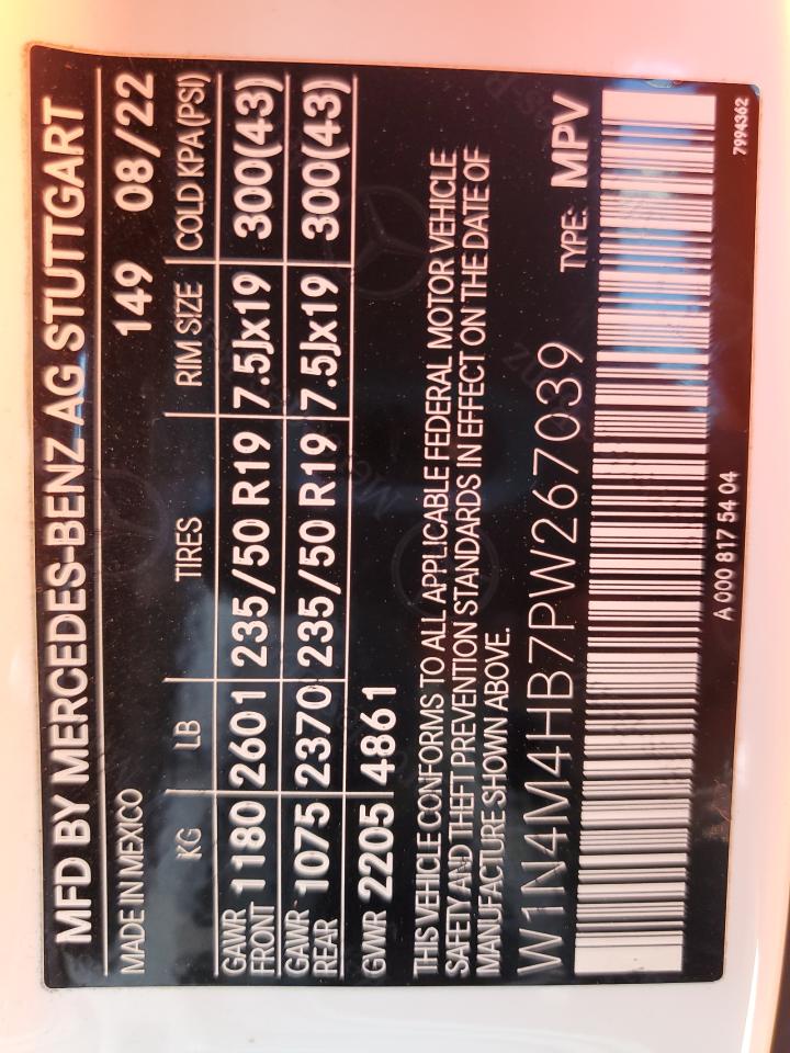 2023 Mercedes-Benz GLB VIN W1N4M4HB7PW267039 Copart auction photo, water/flood / hail damage thumbnail 14