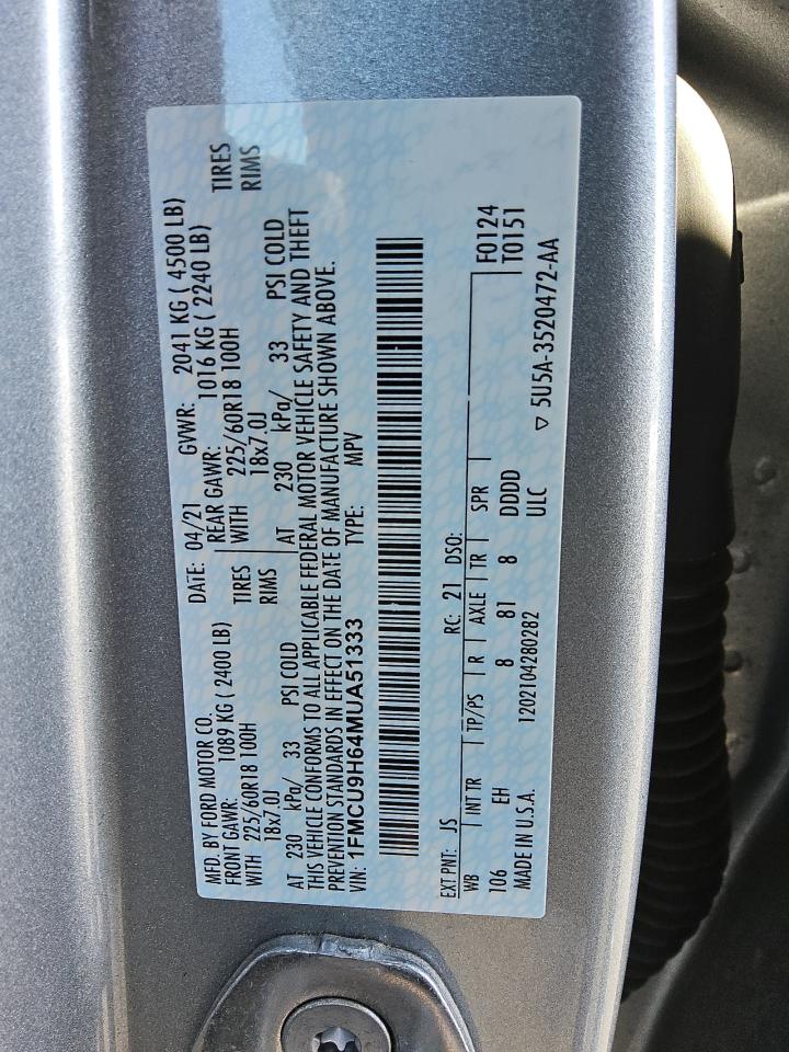 2021 Ford Escape VIN 1FMCU9H64MUA51333 Copart auction photo, mechanical damage thumbnail 13