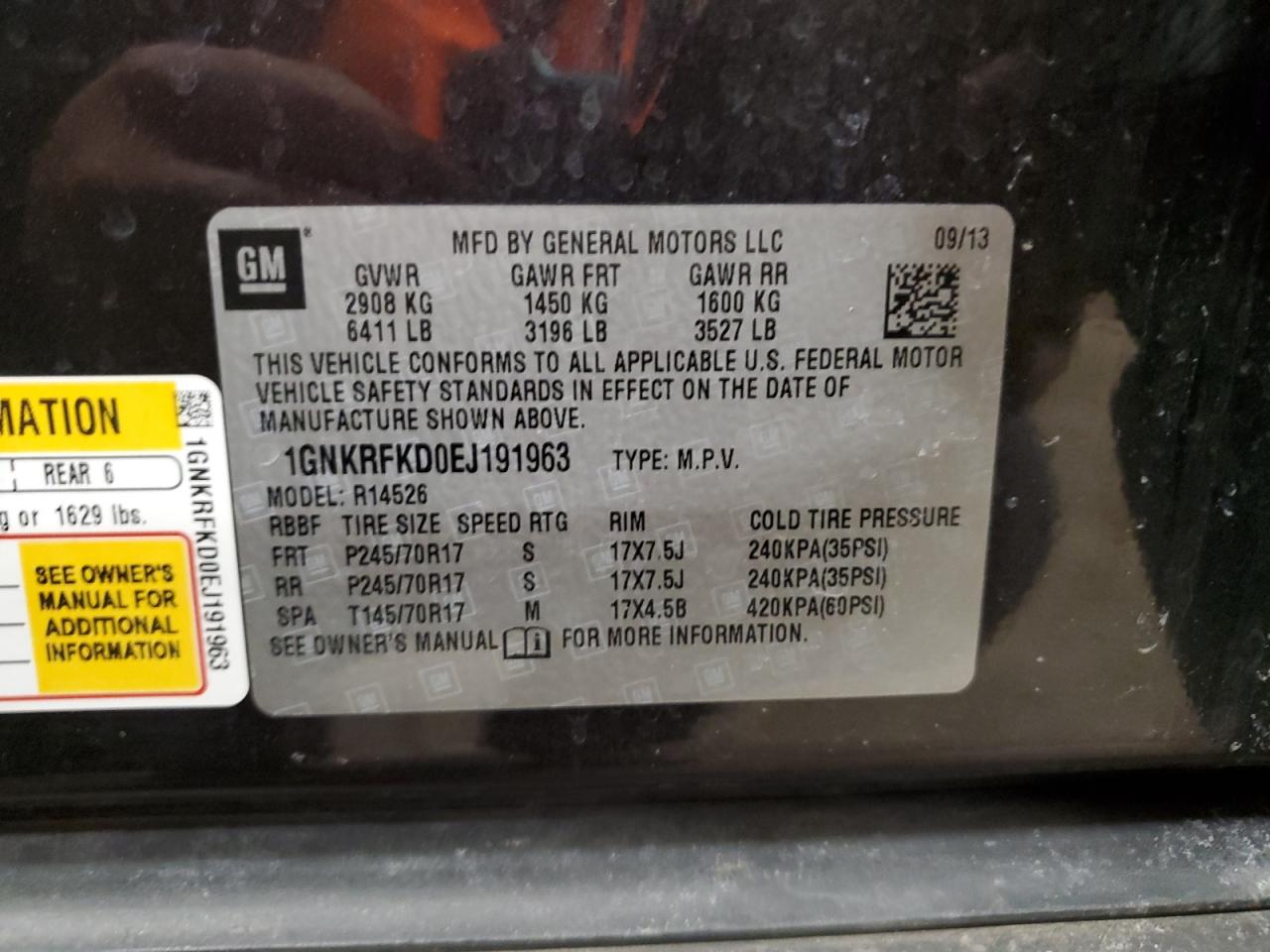 2014 Chevrolet Traverse VIN 1GNKRFKD0EJ191963 Copart auction photo, front end damage thumbnail 13