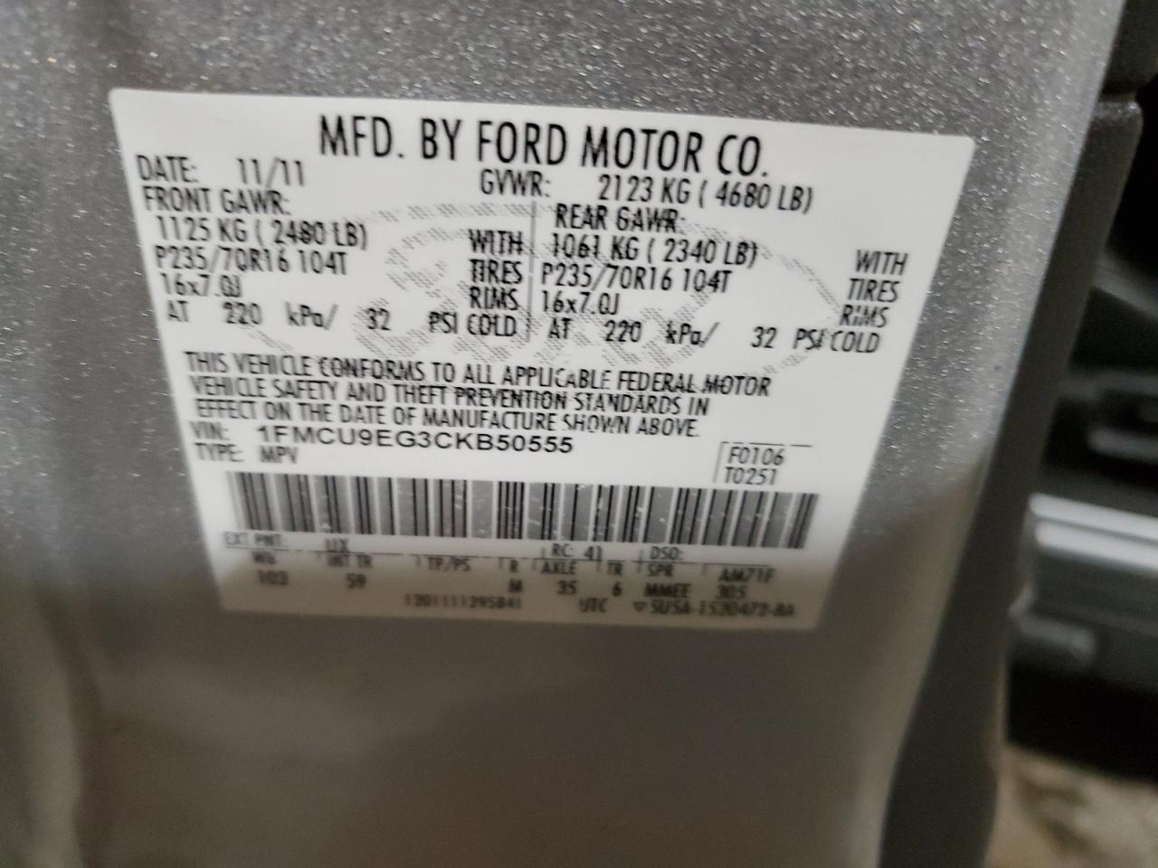 2012 Ford Escape VIN 1FMCU9EG3CKB50555 Copart auction photo, side / minor dent/scratches damage thumbnail 13