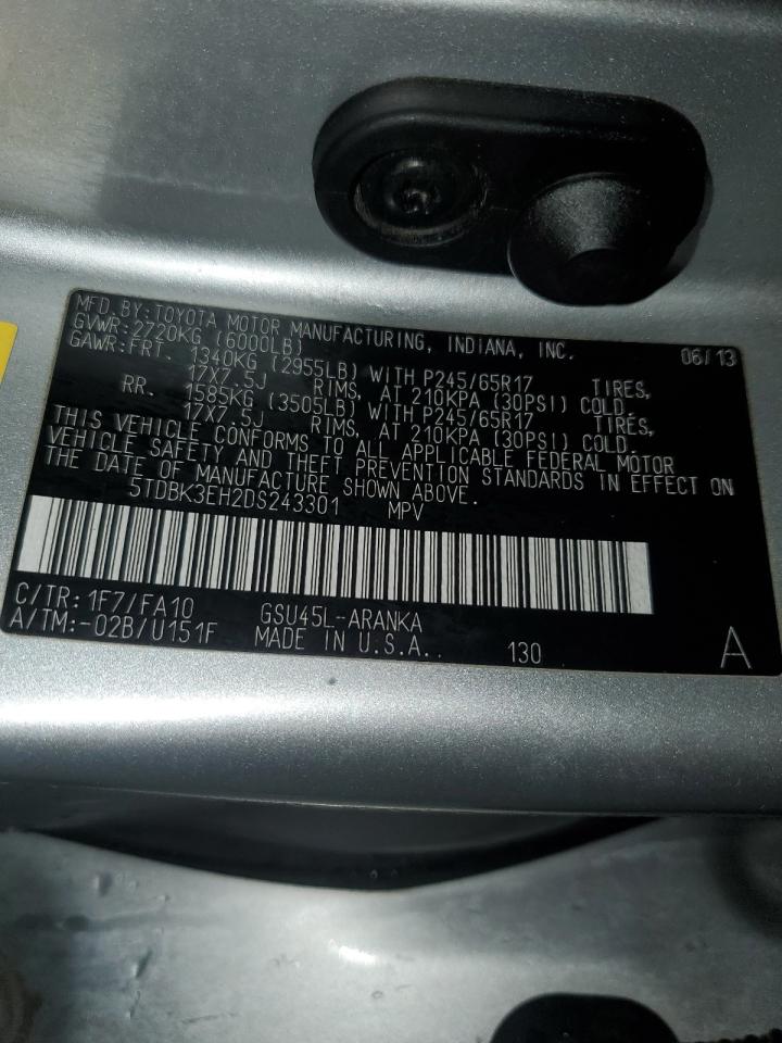 2013 Toyota Highlander VIN 5TDBK3EH2DS243301 Copart auction photo, front end / hail damage thumbnail 13