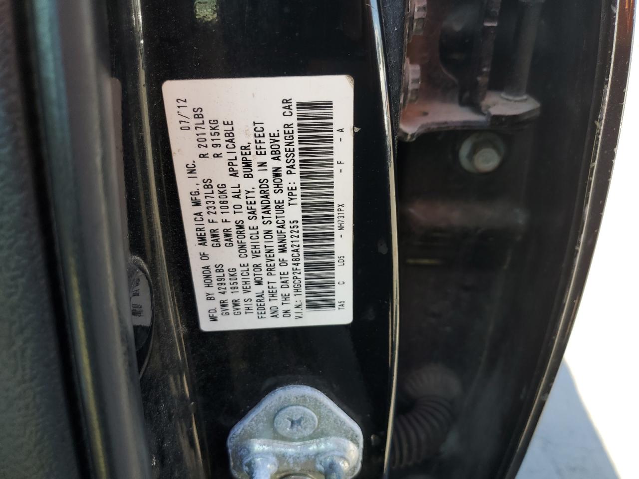 2012 Honda Accord VIN 1HGCP2F48CA212255 Copart auction photo, side damage thumbnail 12