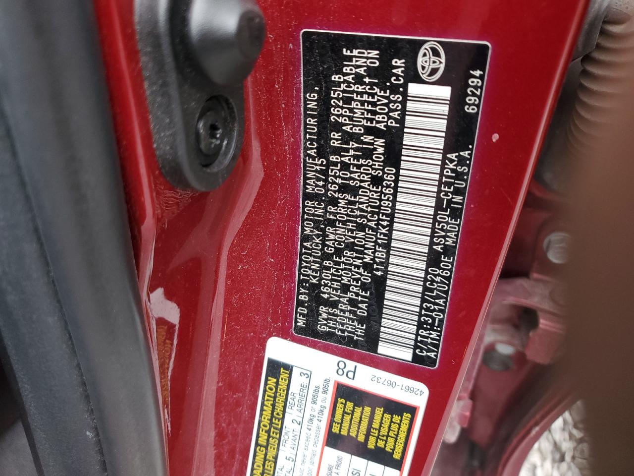2015 Toyota Camry VIN 4T1BF1FK4FU956360 Copart auction photo, front end damage thumbnail 12