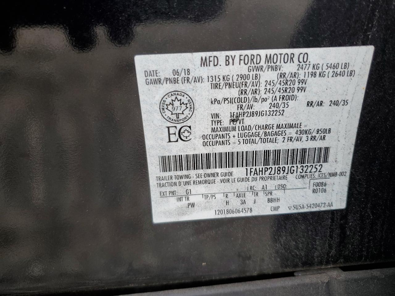 2018 Ford Taurus VIN 1FAHP2J89JG132252 Copart auction photo, front end damage thumbnail 14