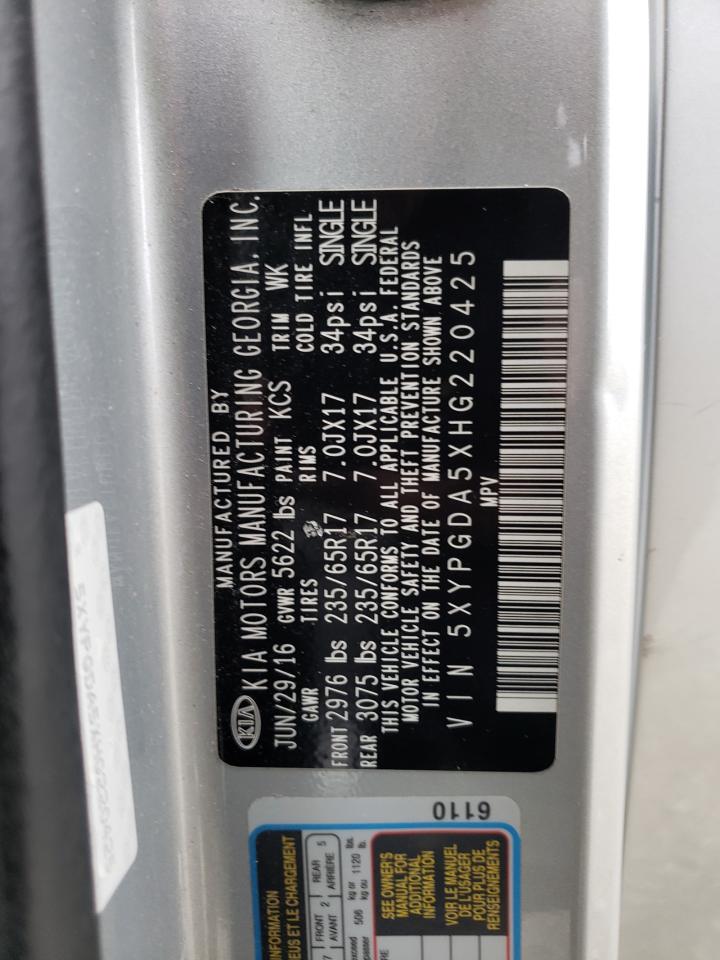 2017 KIA Sorento VIN 5XYPGDA5XHG220425 Copart auction photo, front end damage thumbnail 15